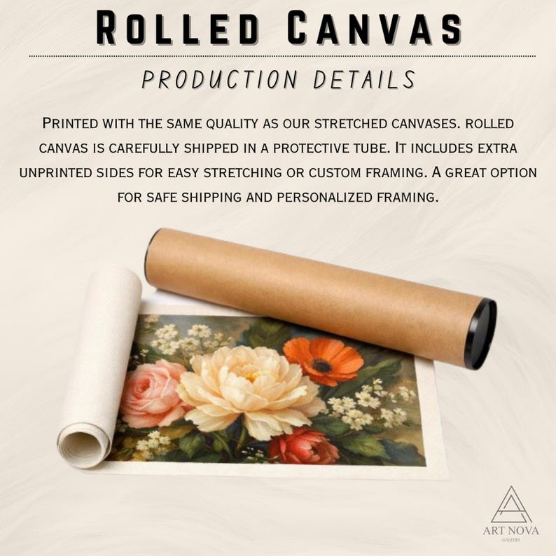 Puede incluir: Un lienzo enrollado con un arreglo floral de flores rosas, crema y naranjas con hojas verdes. El texto dice ROLLED CANVAS PRODUCTION DETAILS, seguido de una descripci&oacute;n del producto y un tubo protector para el env&iacute;o del art&iacute;culo.