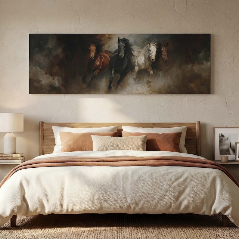 Running Horses Art - Panoramic Canvas Wall Art Masculine Moody Decor - Etsy