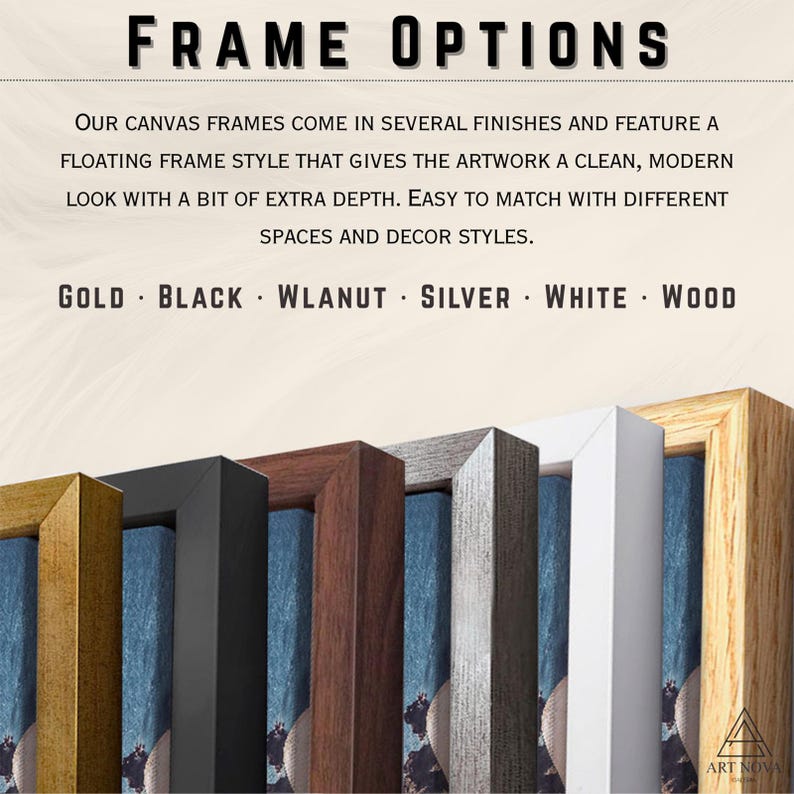 Puede incluir: Una muestra de seis opciones de marcos flotantes para lienzo en acabados dorado, negro, nogal, plateado, blanco y madera natural. El texto dice: FRAME OPTIONS. Our canvas frames come in several finishes and feature a floating frame style that gives the artwork a clean, modern look with a bit of extra depth. Easy to match with different spaces and decor styles. GOLD &middot; BLACK &middot; WLANUT &middot; SILVER &middot; WHITE &middot; WOOD.