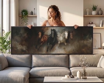 Running Horses Art - Panoramic Canvas Wall Art Masculine Moody Decor