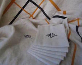 Vintage 1950&#39;s FRENCH BAsQUE Country TABLECLOTH + 6 TOWELS Stunning Traditional Weave Monogram M.C. Garden Parties CAMPaGNE Dinners Nostalgy
