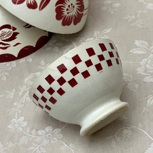 N5 - Old Vtg French CAFE au LAiT BoWL Red CHECKS Stamped Digoin COUNTRyFARM Rustic Kitchen CAMPAGNE CHiC Breakfast Coffee BoL Collection