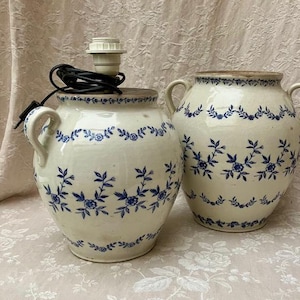 French ST UZE/SAiNT VALLiER Antique French CONFiT PoT PoTTERY Turned into LAMP BAsE Typical Blue Flowers CRoCK CoUNTRYFARM Home Decor