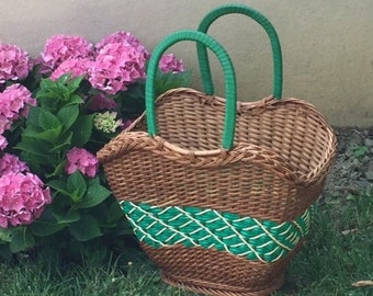 Vtg 1960-70s French WICKER MARKET BASKET Hd Woven Green SCOUBiDOU and Rattan CHiC Market Shopping Picnic Country Kitchen LoG SToRAGE BASTiDE