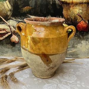 Fabulous 9.25"H Timeworn GoLDEN Yellow French COUNTRYFARM Pottery CONFIT PoT w. Amazing Glaze, Potter's Marks & Caramel Drops CAMPAGNE CHiC