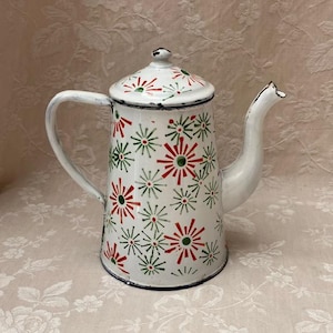 SWEET STARS Pattern Antique Vtg French ENAMELwARE Green and Red Graphic Design  CAFETiERE COFFEEPOT Coffee Pot Chic COUNTRyFARM Kitchen