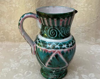 Vtg VALLAURiS Ceramic ALLIX Water PITCHER Green/Pink Design French Provence Pottery Ateliers Mid Century Era Capron Picasso Madura Collector