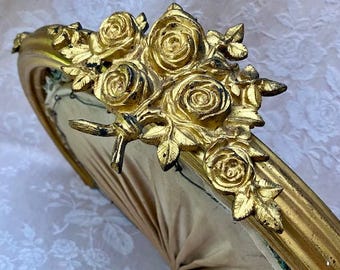 RoMANTIC Antique Vtg French RoSE Bouquet BRONZE CANOPY Ciel de Lit Corona Creamy Satinette CHATEAU CHiC Boudoir Wedding Gift 天蓋 천개 机壳