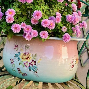 Rarest Large ANTiQUE French Enamelware  FOOT BATH Roses Pink/Green Shading Oval Wash BASiN/BoWL Baby Bath JARDINiERE Planter