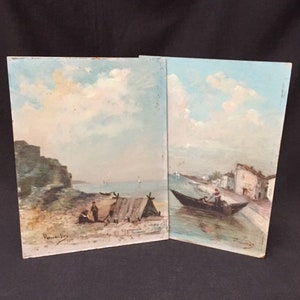 Exquisito par de PINTURAS AL ÓLEO antiguas sobre cartón firmadas por Alexandre Léo, 1900. Pintura en gouache. Medidas: 24 cm x 19 cm.