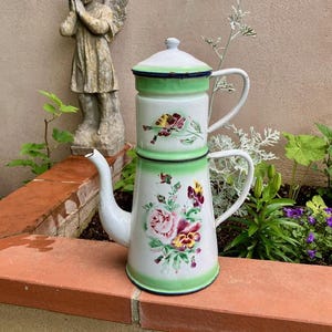 Gorgeous French JAPY 1920s RoSE/PANSY Enamelware COFFEE PoT BIGGiN Green SHADiNG Grandmas Cafetière KiTCHEN CoRE Campagne CHiC Decor GiFT