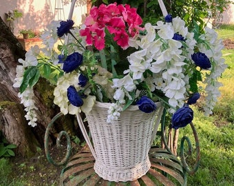 Vintage MidCentury French Large BRIDE's WICKER BASKET Complete with Plastic Flowers Traditional Wedding Bouquet Marriage Something Old/Love