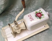 Antique Vtg French Wall-Mounted COFFEE GRINDER w. Pink Rose Decor SARREGUEMINES sALGUMIN Hand Crank 4 pieces cOUNTRYFARM Kitchen 1930 39 s