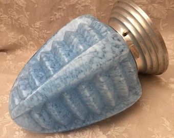 Large ARTDECO SKYSCRAPER Ceiling LAMP Vtg 1930 Light Clichy Blue Shade with Aluminium Mount  / Bath Hall Porch Fixture Déco Maison Rétro
