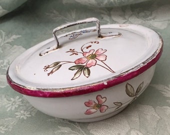 Rare Antique French ENAMELWARE SOAP or Sponge BOX Raised Floral DECoR Complete w. Draining Part SHABByCHiC  CountryFarm Bathroom Retouched