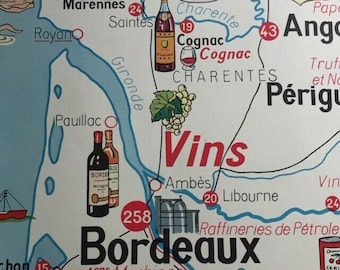 Fab Mid Century Vtg French SCHOOL MAP Goods Trade + BORDEAUX WINEs Area Foie Gras COGNaC HoME Decor OFFiCE Wall HANgINg CoLLECTIoN Display