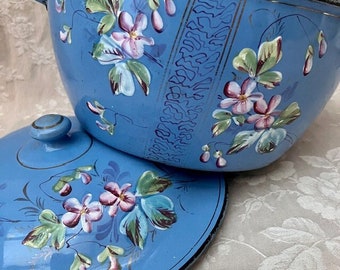 Antique Vtg 1910 Français émaillé floral hollandais bleu grande soupe soupe surélevée rose violettes COUNTRYfARM cuisine nordique tendance