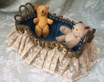 Gorgeous Antique French handled WICKER BASKET Corbeille PADDED Blue Satin 19th cent. Tea Coloured Frill Lace Crib no Teddies Collection Gift
