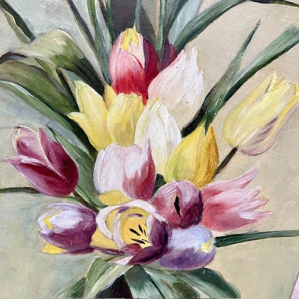 Ancienne huile sur toile évocatrice, bouquet de tulipes, signée H. RIVOIRE, peintre français, 1912, tableau, huile surtoile, décoration murale, maison, Belle Epoque