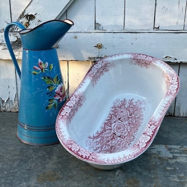 HARD To FiND Antique French BIDET Sarreguemines Earthenware PiNK Decor RoSES & MoRNING GLORiES Rare Collectable Piece of Feminine Hygiene