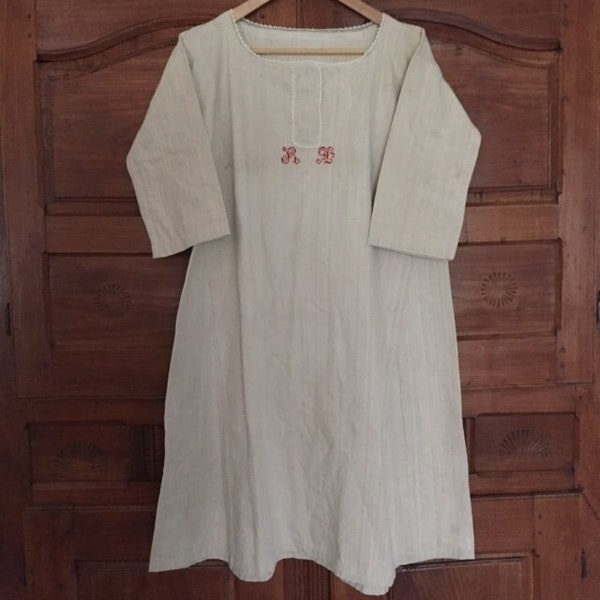 Unique Vtg des années 1890 dot pour nonnes françaises CHEMISE robe chanvre brut toile de jute couleur lait d'avoine naturel rouge mono R A inutilisé COUNTRYfARM LAGENLOOK