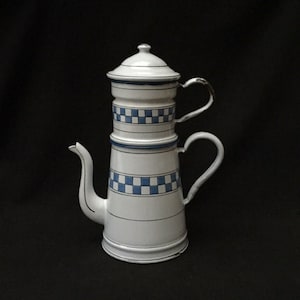 DuTCH Blue Check French ENAMELWARE Antique French COFFEE POT Biggin Double Handles Raised DESiGN Country Kitchen Decor Cafetière CoFFEEPoT