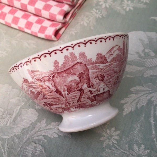 Unique UNCOMMoN Vtg Antique French PiNK CAFE au LAIT BOWL "La Laitière" (the Milkmaid) St Amand No DIGOiN COUNTRyFARM Kitchen Bol Ancien