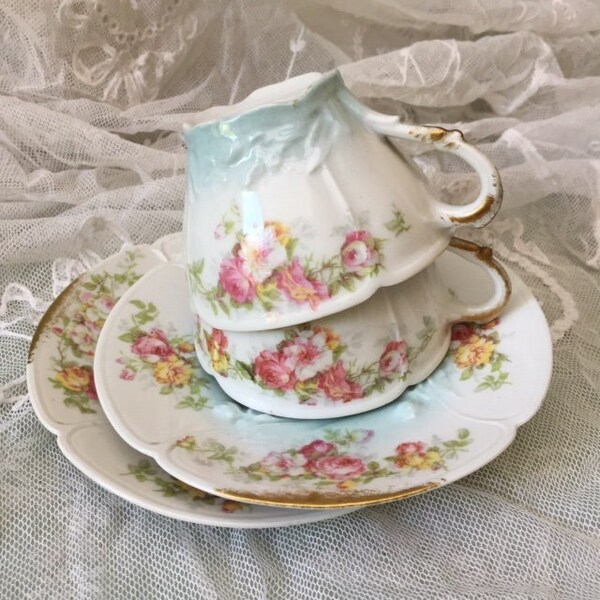 Divine Pair ANTiQUE French Fine PORCELAIN CUP & SAUCER PiNK and Cream ROSEs /Blue Shading Raised DETAiLiNG Gilded Petit Peigné LiMOGES 1890s