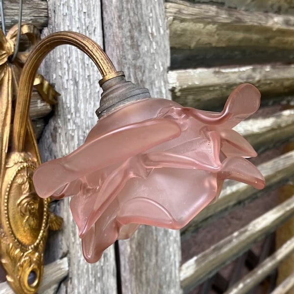 Divine Antique Vtg 1880 French CHATEAU SCONCE Pink Frosted Glass Shade Ribbon Bow Medallion Boudoir Chic Applique Ancienne 蔓薔薇のウォールランプ