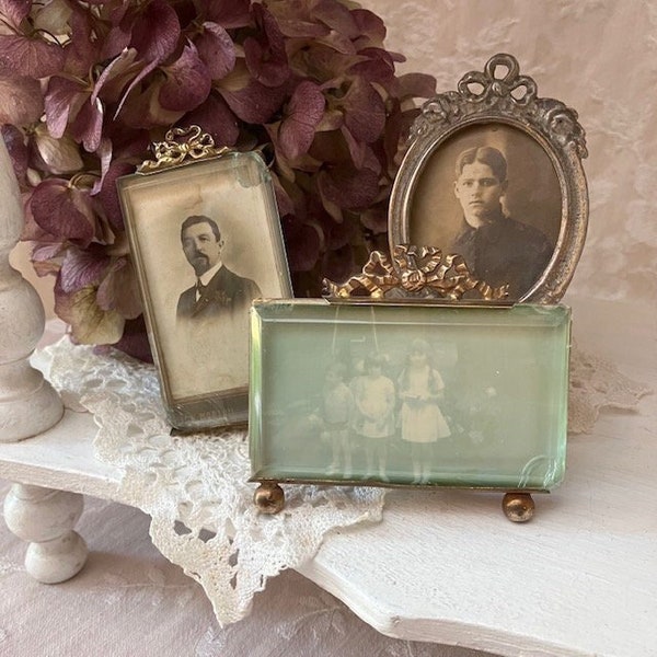 3 LoVELY Antique French PICTURE FRAMES Small Size Young Men and Children Ribbon BoW Topping Thick Beveled Glass Victorian Era ENTRANcE TABLE