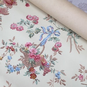 39.50" L Rare ZUBER ALSACE French 19th WALLPAPER FRAGmENT Pink Rose Floral WEDDiNG Basket Blue Ribbon Music ROMANTiC MARiE-ANTOiNETTE Style