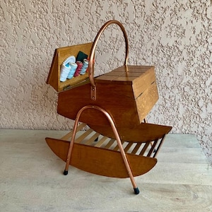 Amazing Vtg 1950s French SEWiNG STAND Blonde Oak Copper Feet with Threads CottonSpools Pins Darning Mushroom Braid Zip... For Use or Collect