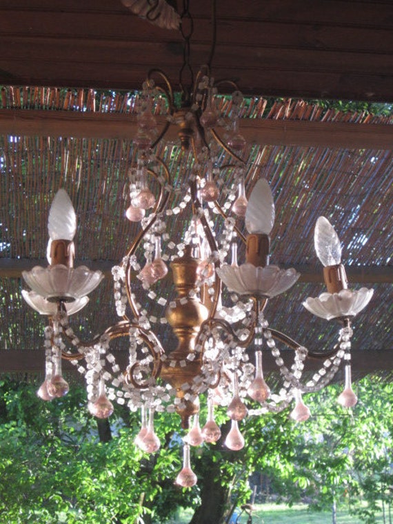 Divine Old Vintage Français Italien Murano Chandelier Clear Pink Teardrops Macaroni Perles Guirlande