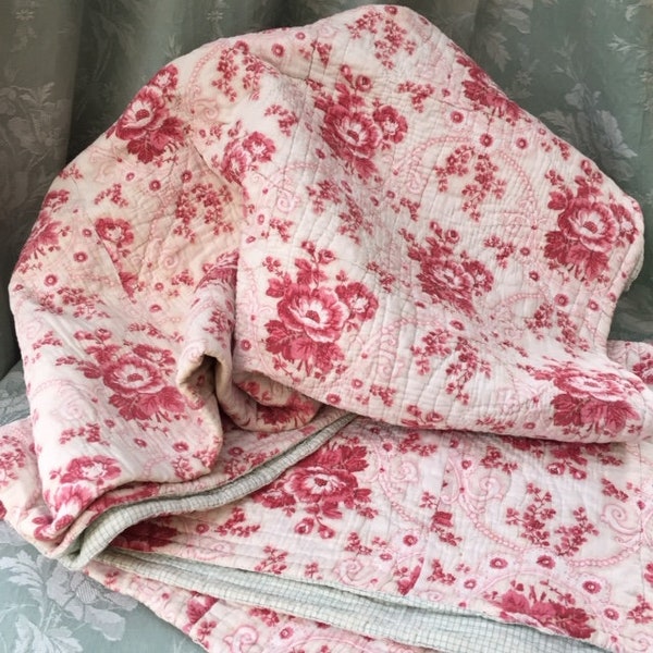 DARLiNG Antique French QUILT BOUTIS Hd/Home Made Lge Pink RoSES Pale Green Plaid Back PRoVENCE Bed Linen 1910 CAMPAGNE CHiC 71x60"/180x152cm