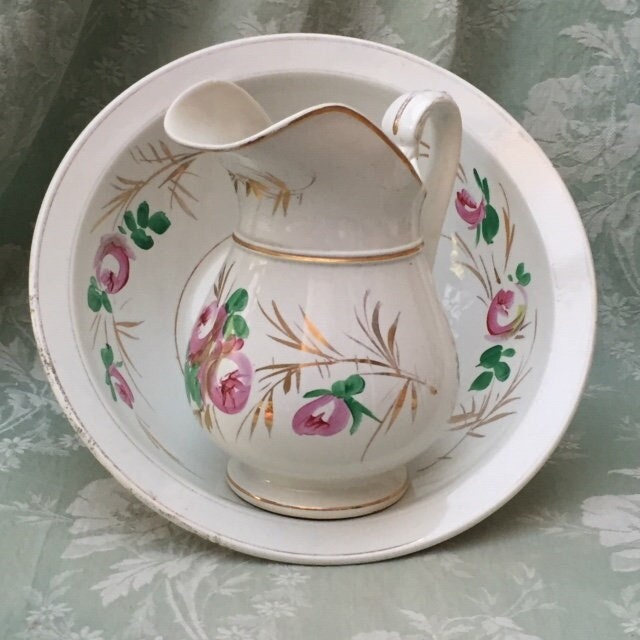 Antique Élégant Vieillard Bordeaux Washing Set Chine Pitcher/Bol Roses Dorée Blanc Français Porcelai