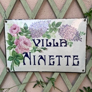 Rare 1890 Antique French VILLA PLAQUE ENAMELwARE Enameled Sign &quot;ViLLA NiNETTE&quot; Purple LiLAC Pink RoSES and Buds Arts & Crafts Beach House