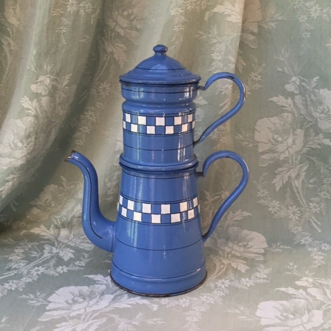 Uncommon Blue ENAMELWARE ! Antique French COFFEE POT Biggin Double ...