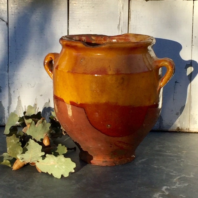 Insolite Antique Français Countryfarm Poterie Confitpot Glaçure Jaune/Brique Rouge Terracotta Marque