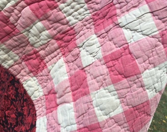 Uncommon Early 1800s French QUILT BOUTIS Piqué Red Flowers on Black/Pink VICHY Check FABRiC CANoPY BackSide Hd Made 80"x60"/205cmx152cm GiFT