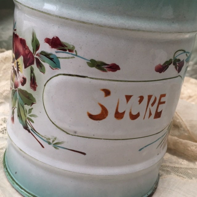 Vtg 1920 Français Enamelware Sucre Canister Pot Pansy Floral de Coffee Set Japy Old Kitchen Épices B