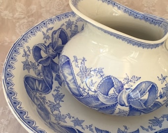Antique Vtg 1880 ROSETTE SARREGUEMINES U & C French Blue RIBBoN BoW Washing Set PITCHER and Bowl SALGUMiN Ceramic Boudoir/Bathroom Delight