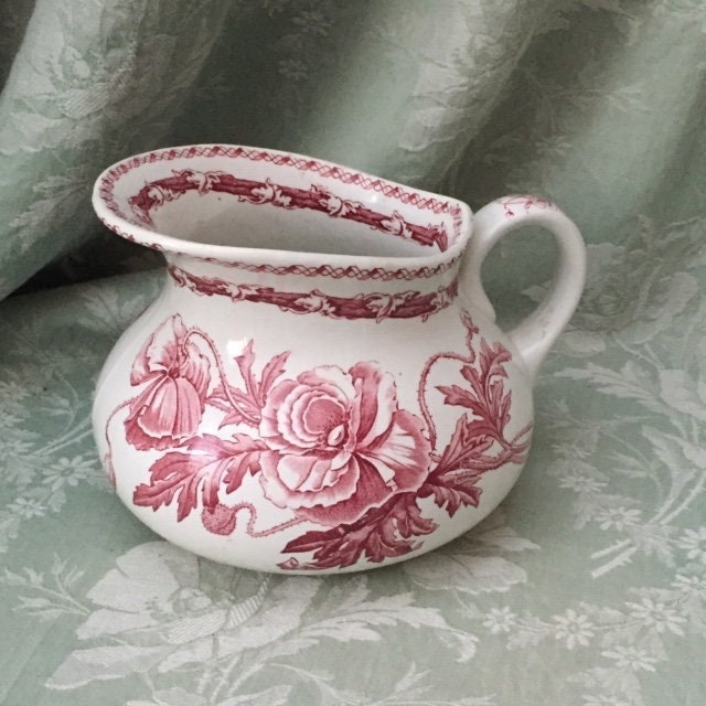 Insolite Antique Français Pink Ceramic Pitcher Décor Coquelicots Ca 1880 Grand Détail Maison Boudoir