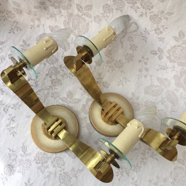 Fabuleux Vtg Français 1925-30 Art Déco Modernist Pair Applique Murale Sconces Hollywood Regency Crea