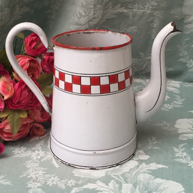 Old Français Countryfarm Cuisine Lustucru Enamelware Cafetière Graniteware Rouge/Blanc Chèques à Caf