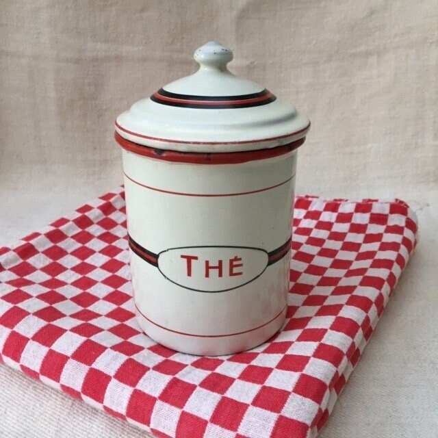 Élégant Antique French Canister 1930S Creamy W. Bandes Noires et Rouges & Lettrage Thé Pour Tea Coun