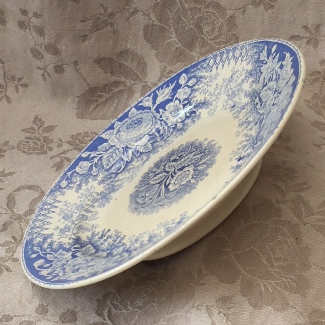 Antique Français Sarreguemines U&c Footed Cookie Biscuit Plate Displayer Bowl Blue Roses Jardiniere