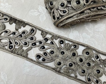 2 Exceptional LITHURGIC BRAID EDGiNG French EARLY 1800s PASSEMENTERiE SiLVER/GoLD Threads Jet JAiS Beads Hd Made (96.05"x2.75) 150cmLx7cm