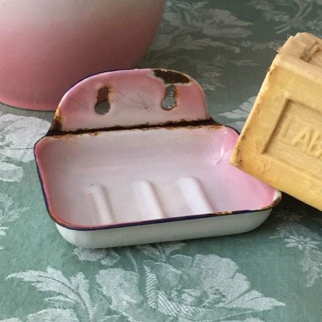 Beau Vieux Vtg 1910 Français Enamelware Rose Mur Ombragé Porte Savon Romantique Salle de Bain Porte 