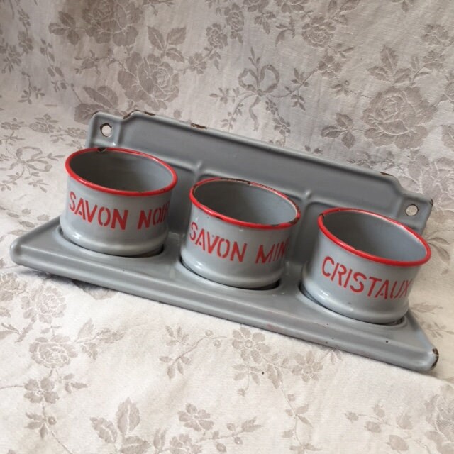Old Vtg French Enamelware/Graniteware Cuisine Wall Soap Rack Laundry 3 Pots Rare Gris/Rouge Français