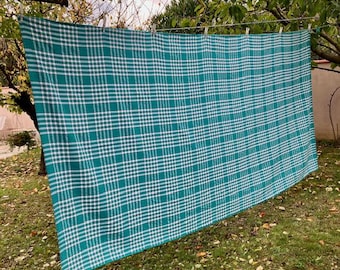 Large 115&quot;x58 Vtg French Vichy TABLECLOTH White/Green Checks Nappe Bistrot Traditional Dble Weave 1940-50 COUNTRYFARM Kitchen Home 290x147cm